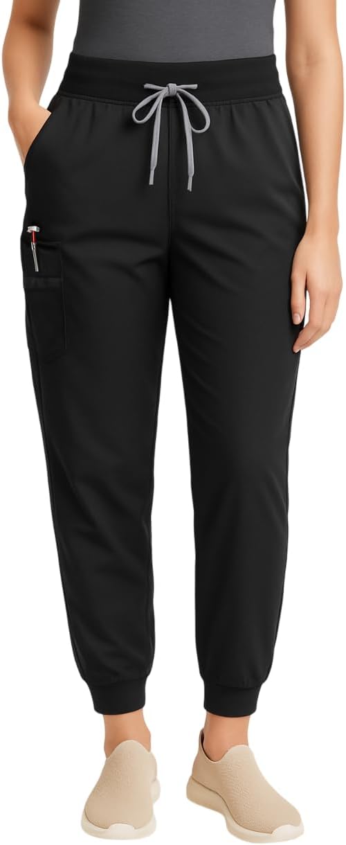 Women’s Chef Jogger Stretch Pants – 4 Pockets, Contrast Grey Drawstring, Waistband, Durable & Stylish Workwear