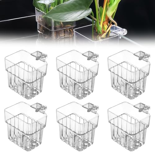 GOMETY 6 Stück Aquarium Pflanzenhalter, Hängend Pflanztopf Aquarium Acryl Transparent Cup Pflanzkorb Pflanzenständer für Aquarien für Fisch Tank Aquaponic Pflanzenkultur, Aquascape Dekorationen