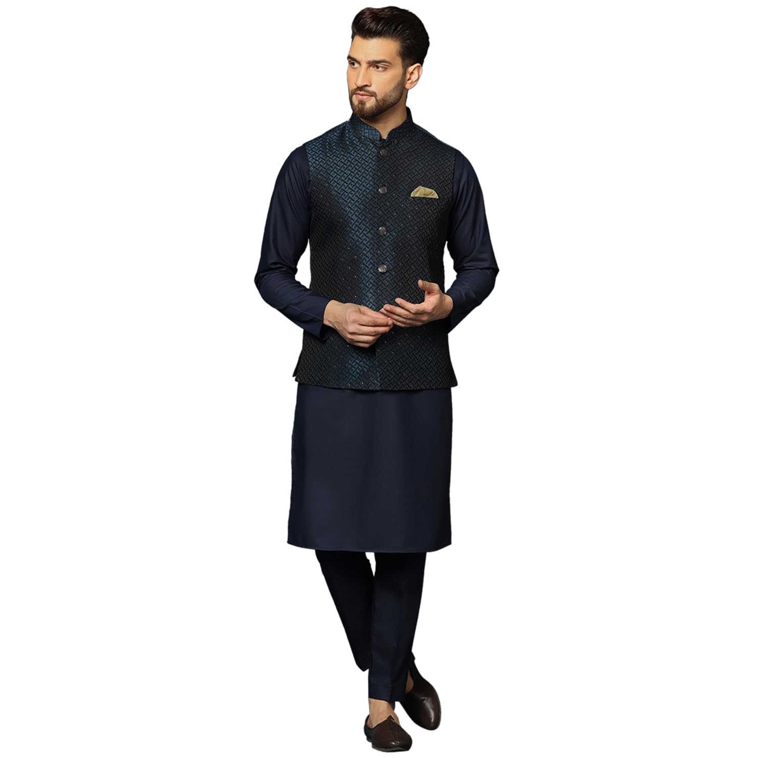 Kisah Men's Blue Kurta Jacket Trousers Set Cotton Blend, Woven Design, Mandarin Collar Ethnic Wear, 38