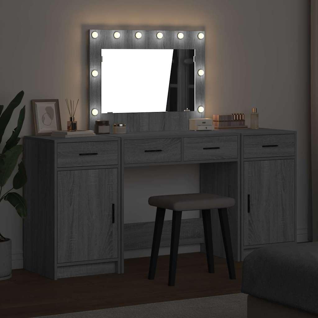 vidaXL Moderner Frisiertisch mit Spiegel und integrierter Beleuchtung, viel Stauraum und Schubladen, ideal für Schlafzimmer, Grau Sonoma Finish, stylisches Makeup-Vanitieset, Möbel mit LED Licht