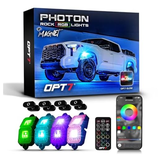 OPT7 Photon Magnet 4 Pods Rock Lights for Trucks, Jeeps, UTV. RGB LED Rock Lights with Remote Control, Extension Wires, Wiring Harness, Wide Angle, Multicolor Underglow Lighting Kits IP68 Waterproof