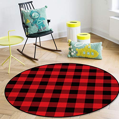 Round Area Rug Non Slip Flannel Microfiber Foam Bathroom Rug Carpet Diameter 4' Rustic Red Black Buffalo Check Plaid Pattern Round Floor Mat For Study Room Bedroom Living Room Kitchen Nursery #TOP3