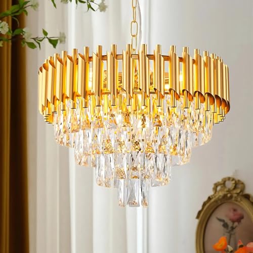 Image of DREAMY DESIGNS Chandelier Lights for Ceiling Gold 500MM 4-Tier K9 Crystal Chandeliers for Living Room with 3 LED Light Mode Ceiling Light for Hall Modern Jhumar Designer Bedroom and Dining Room