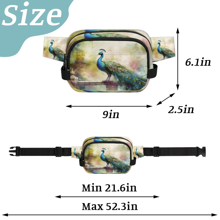 Elegant Watercolor Peacock Waterproof Fanny Pack for Women Men Adjustable Waist Bag with Double Zipper Pockets Lightweight Square Hip Pack for Running Travel Hiking Workout Cycling