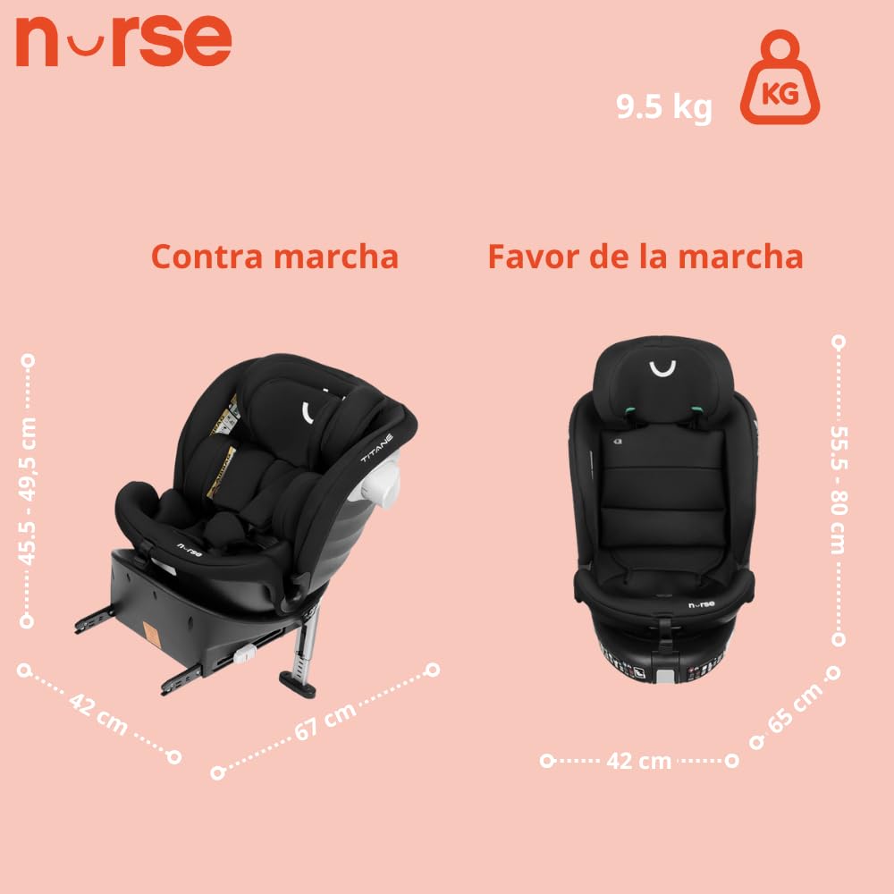 Nurse Titane Silla de Coche i-Size 40–150 cm, 360º, ISOFIX y Pata de Apoyo, A Contramarcha y Cara Marcha, Protección Lateral, Negro