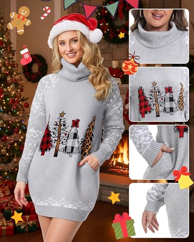 Roll Neck Plaid Christmas Trees Sweater Dress with Pockets - Image 4