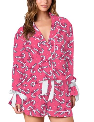 Thopavenoir Lindo conjunto de pijama de Navidad para mujer, conjunto de 2 piezas a juego, pajarita, manga larga, camisa de dibujos animados, conjunto de pantalones cortos holgados con volantes, Rosa