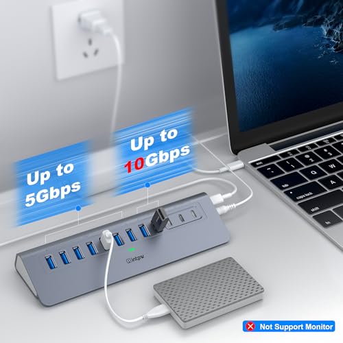 Image of Powered USB Hub 10Gbps, intpw YH9AC 12-Port USB Splitter with USB A /USB C 3.2, 7 USB 3.0, 2 PD 45W Charging Ports, 65W Power Adapter + 3.3FT Cable, Aluminum USB Extender Hub for Laptop /PC /iPhone 16 /15