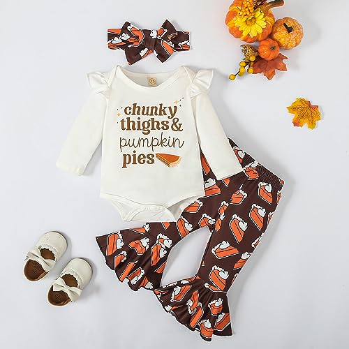 Baby Girl Thanksgiving Outfit Pumpkin Pie Romper+Flare Pants Newborn Girl Turkey Day Clothes 0-18 Months2