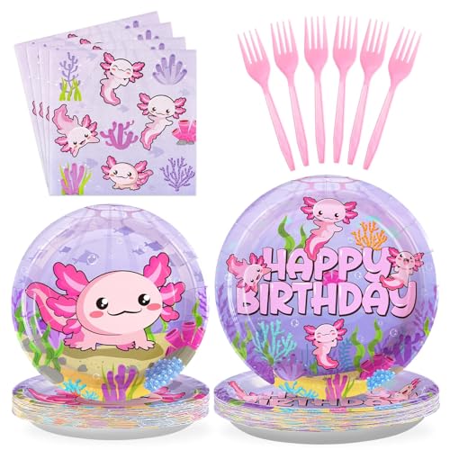 Image of Grencian 96 Pcs Axolotl Birthday Party Decorations, Serves 24 | Pink Cartoon Axolotl Plates and Napkins Reptile Animals Axolotl Tableware Set for Girls Birthday Baby Shower Party Supplies