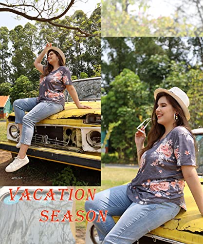 Image of CARCOS Plus Size Tops for Women Short Sleeve Raglan Striped Tee Color Block Crewneck /V Neck Tunic Loose Fit Summer XL-5XL