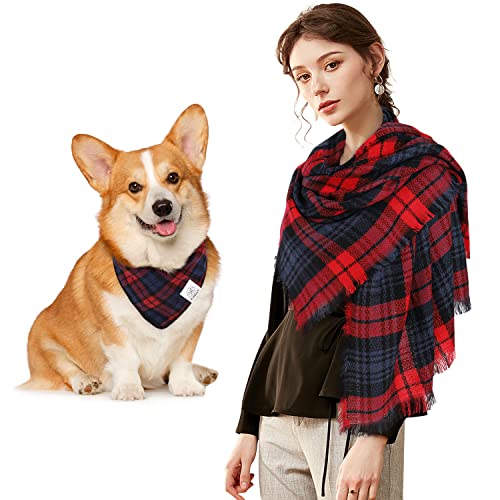 E-Clover Christmas Dog Bandanas Matching Owner Scarf Plaid Dog Bandana Bibs with Tartan Scarves Shawl for Medium Large Dogs Girl Mom Outfit Red Blue