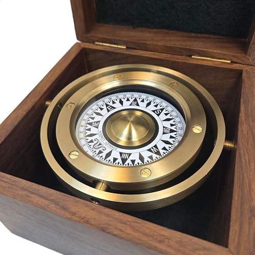 Brújula de escritorio gimbal de latón en caja de madera miniatura 5