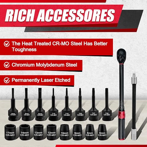 38Pcs 3/8" Deep and Shallow Impact Socket Set,Torx Bit, Phillips Slotted Bit Socket Set,Including Extension Bar, Flexible Bit Extension,Torque Spanner,U-Joint,Cr-Mo Steel