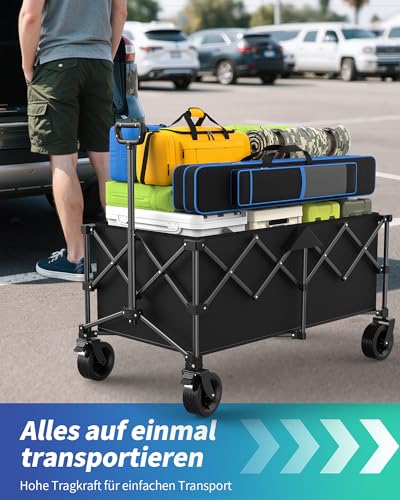 Kitsure 230L Bollerwagen faltbar 200KG Belastbar – Handwagen mit verstellbarem Griff, Offroad-Rädern, Transportwagen für Camping, Garten, Strand & Einkäufe, Schwarz, 115×60×96cm