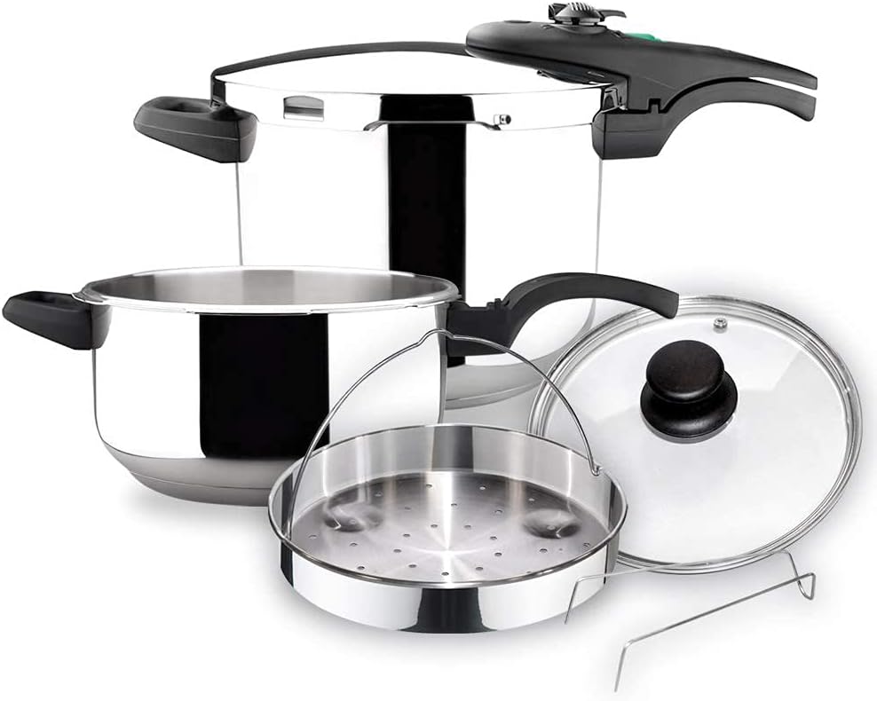 MAGEFESA ATHENAS COMPLET Olla a presión Super rápida de fácil Uso, Acero Inoxidable, Apta para cocinas inducción. Fondo Termo difusor, Pack Exclusivo Olla + CESTILLO + Tapa DE Cristal (4L + 6L)