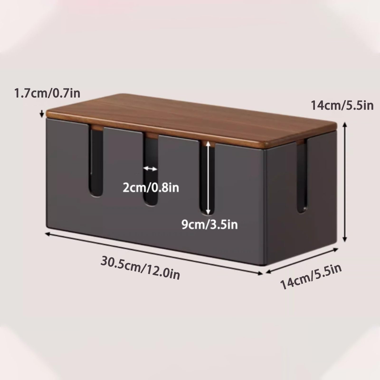 Kabelmanagementbox, Steckdosenleiste, Kabelmanagementbox aus Metall und Holz, 30,5 x 14 x 14 cm, Mehrfarbig(White+Natural Wood Color)