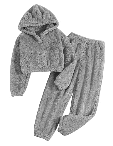 Image of Shallmu Girls Fuzzy Bear Ear Plaid Hoodie Pullover Sweatshirt with Pocket Sweatpants Fall Winter 2 Piece Outfits