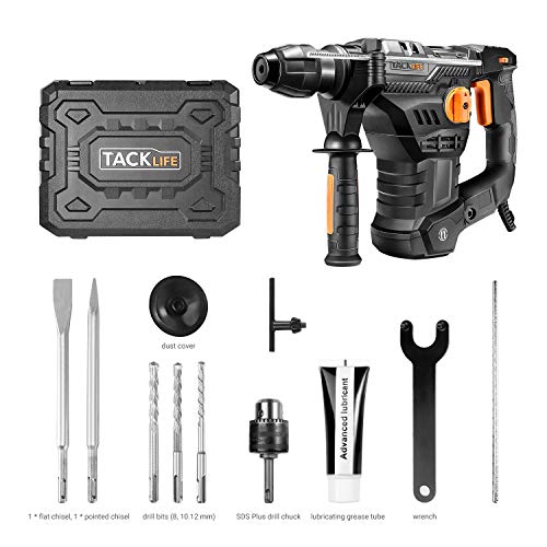 TACKLIFE 1-1/4 Inch SDS-Plus 12.3 Amp Rotary Hammer Drill, 7Joules Impact Energy, 4350BPM, 900RPM, 4 Functions, Vibration Damping Technology, Safety Clutch, Ideal for Concrete and Stones -TRH01A