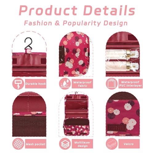 Image of Toiletry Bag Travel Bag with Hanging Hook,Wine Red FLower | Waterproof Small Capacity Hanging Makeup Bag for Toiletries, Portable Cosmetic Bag Travel Organizer for Women Men