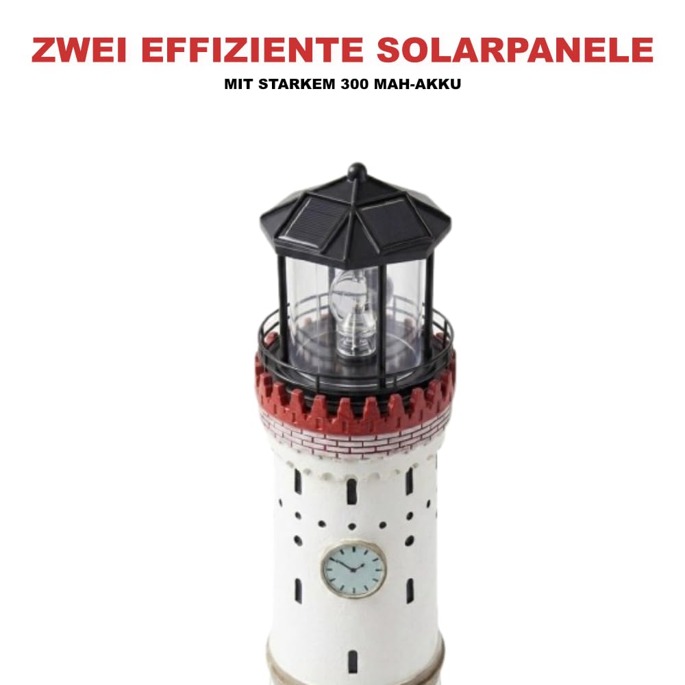 EUROtops Solar Leuchtturm „Lindau“ – handbemalte Deko für Garten & Terrasse, rotierendes LED-Leuchtfeuer, Solarlicht mit Dämmerungssensor, 84 cm