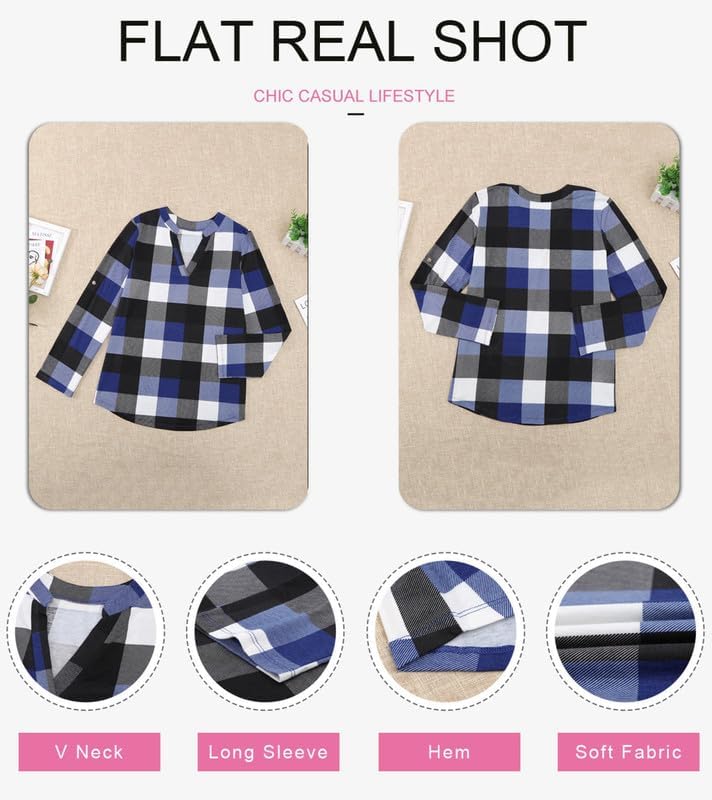 Image of Dokotoo Womens Tops Plaid Cotton Cuffed 3 /4 Sleeve Shirts Blouses