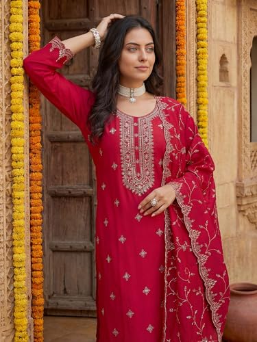 Image of INDO ERA Women's Silk Blend Embroidered Zari Work Kurta & Pant with Dupatta Set