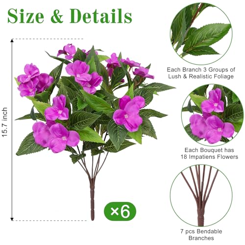 Image of 6 Bundles Artificial Flowers for Outdoors Fake Impatiens, Fuschia | UV resistant, silk flowers, no fade realistic faux plants, outside patio garden porch planters window box balcony home decor