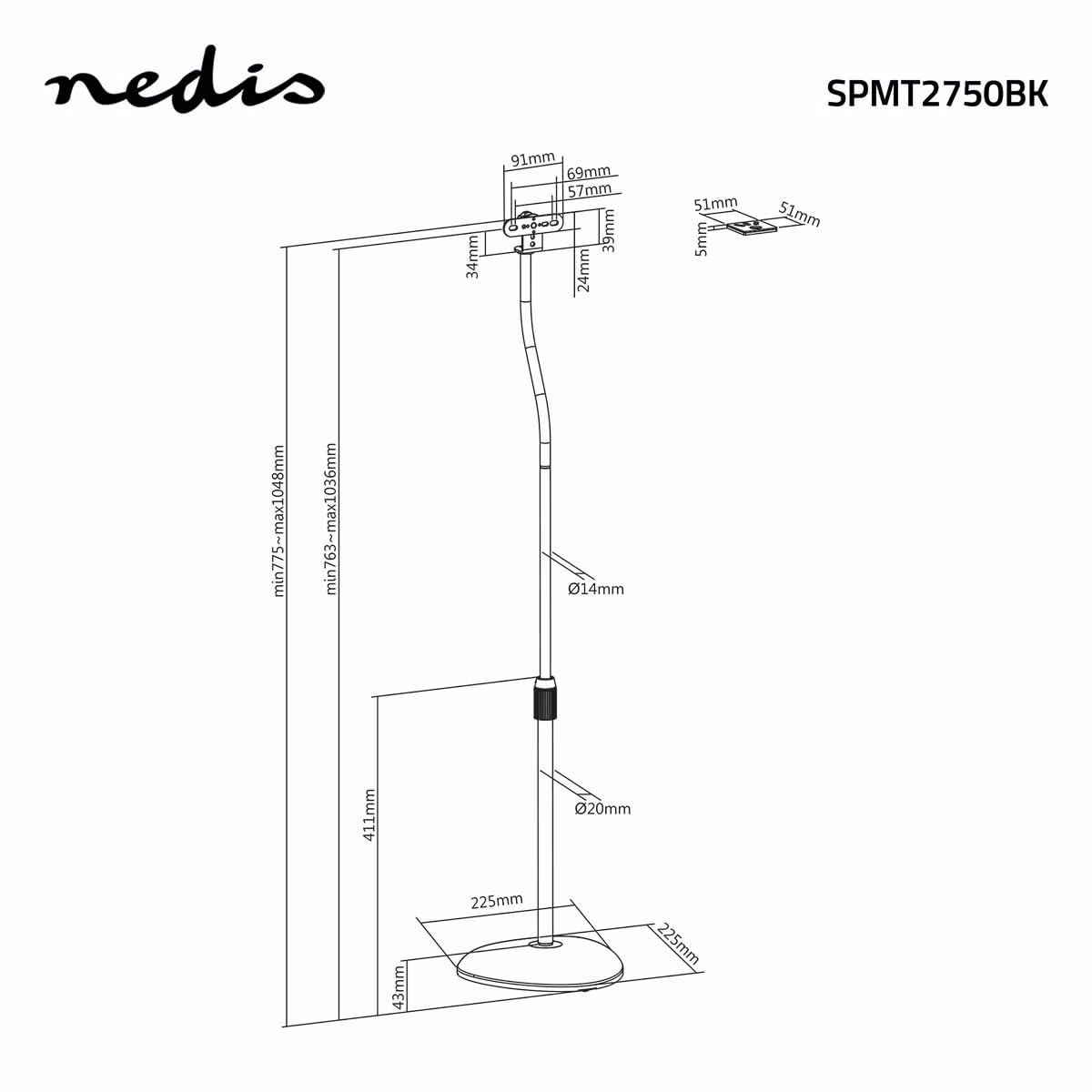 Nedis Soportes de pie para Altavoces, Altura de Embrague Manual 763-1036 mm, Carga máxima 4,5 kg, gestión de Cables, diseño Universal Negro Mate Ajustable para Altavoces satélite y estantería pequeña