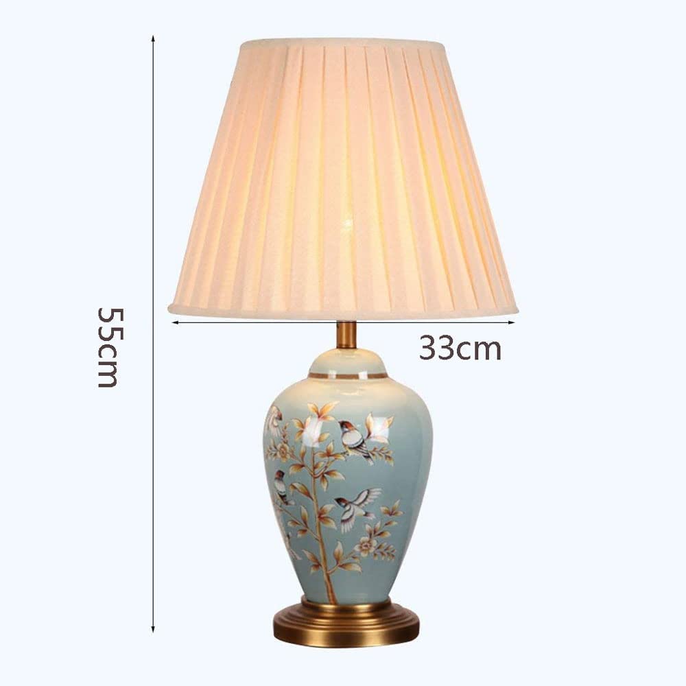 Lampa stołowa Lampy stołowe Lampka stołowa Lampka nocna Szkliwione ceramiczne lampy stołowe Ręcznie malowane kwiaty i ptaki Lampy nocne Lampa stołowa z abażurem z tkaniny Salon Lampa nocna Lampa na