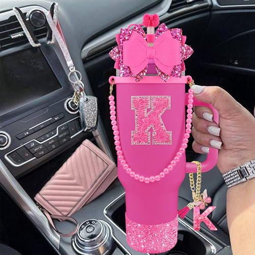 Hpebl 9PCS Hot Pink for Stanley Cup Accessories Set Bling Initials Bow Charms for Stanley Decorations 30/40 Oz Tumbler Accessories Including Bow Straw Topper, Handle Strap, Spill Stopper(Letter K) - image 6