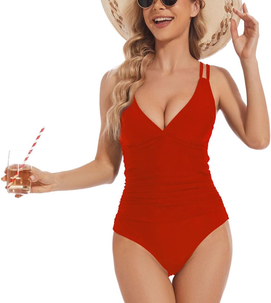 Women's One Piece Swimsuit Tummy Control V Neck Bathing Suits Ruched Swimwear - Image 2