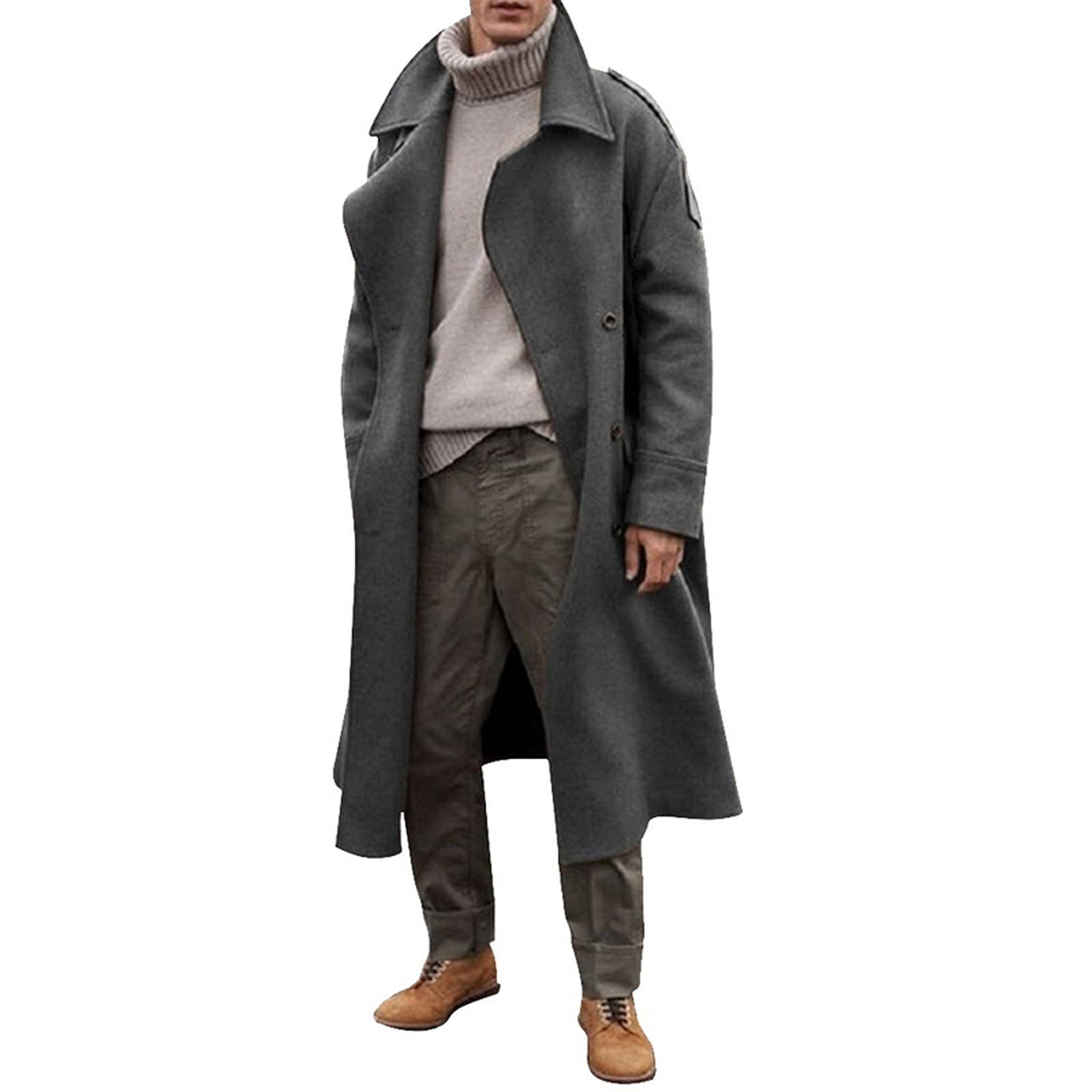 Dufflecoat für Herren, Trenchcoat, langer, gekerbter langer Übermantel, einreihig, knielang, Winterjacke, Mantel, winddicht, Pfau-Revers, zweireihiger, langer Trenchcoat
