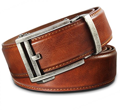 Men's Leather Ratchet Click Belt - Hemingway Antique Silver Buckle with Saddle Tan Leather Belt (Trim to Fit: Up to 35'' Waist)