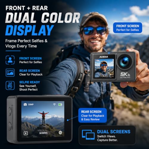 Image of AUSHA 5K Action Camera | 5K Ultra HD Videos, 50MP Photos, Dual Color Screen, WiFi, 30M Waterproof Case, Remote Control, 170 Wide Angle Sports Camera for Bike, Travel & Vlogging