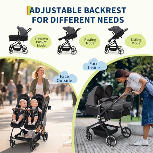 Image of Tandem Double Stroller for Newborn and Toddler, Lightweight Compact Fold Stroller with Adjustable Recline & Canopy, Parent Cup Holders for Twins Infant Kids Travel, Dark Gray