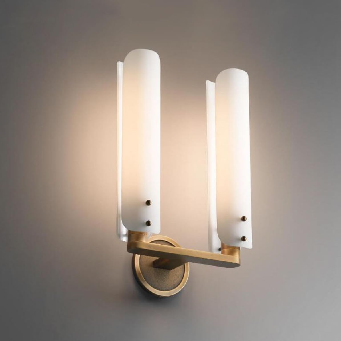 Brass Mid-Century Modern Wall Sconce White Frosted Glass Shade Double Tube Glass Wall Sconce Cylinder Wall Lamp Antique Gold Bathroom Sconces for Living Room Bedroom - 2 Lights