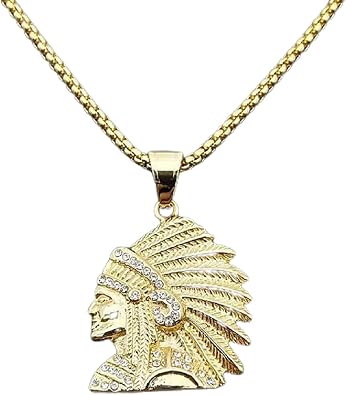 Native American Indian Chief Head Necklace for Men, Stainless Steel Iced Out Indian Chief Head Gold Necklace Retro Tribal Chief Head Pendant Necklace