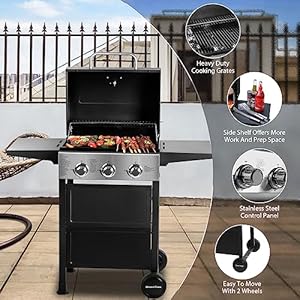 MASTER COOK 3 Burner BBQ Propane Gas Grill, Stainless Steel 30,000 BTU Patio Garden Barbecue Grill with Two Foldable Shelves MASTER COOK 3 Burner BBQ Propane Gas Grill Stainless Steel 30000 BTU Patio Garden Barbecue Grill with Two Foldable Shelves