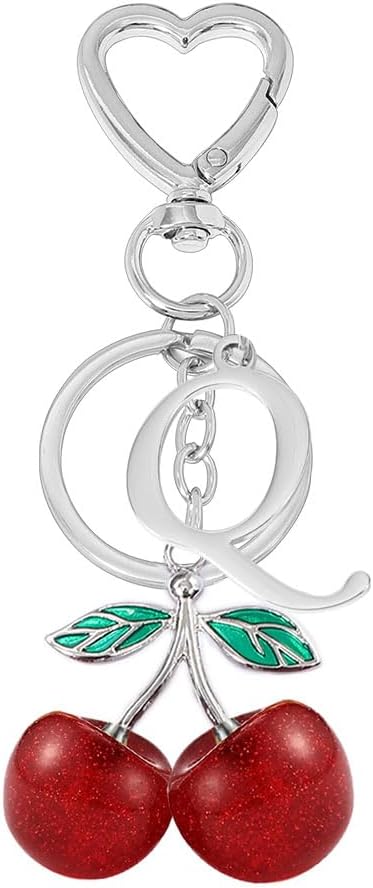 Heart-Shaped Keychain with Initial A-Z and Cherry Charm Bag Charms for Women,Car Accessories