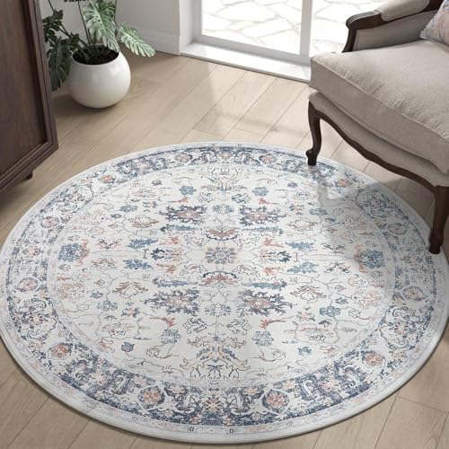 Image of jinchan Round Rug 4ft Area Rug Washable Rug - Boho Vintage Floral Circle Rug 4' Round Low Pile Thin Throw Non-Slip Non-Shedding Rug for Kitchen, Living Room, Bedroom, Dining Room, Office, Multi