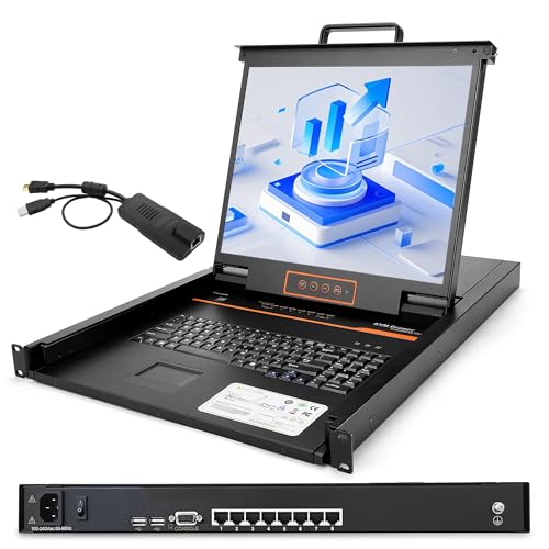 Image of 1U Rack Mount KVM Console, 8 Port Cat5 KVM Switch with 8 HDMI to RJ45 Dongles, 19 inch Rackmount Monitor Keyboard,OSD /Hotkey /Button Switching,1280x1024 60Hz 5:4 Ratio,Compatible with Windows Linux Mac Sun
