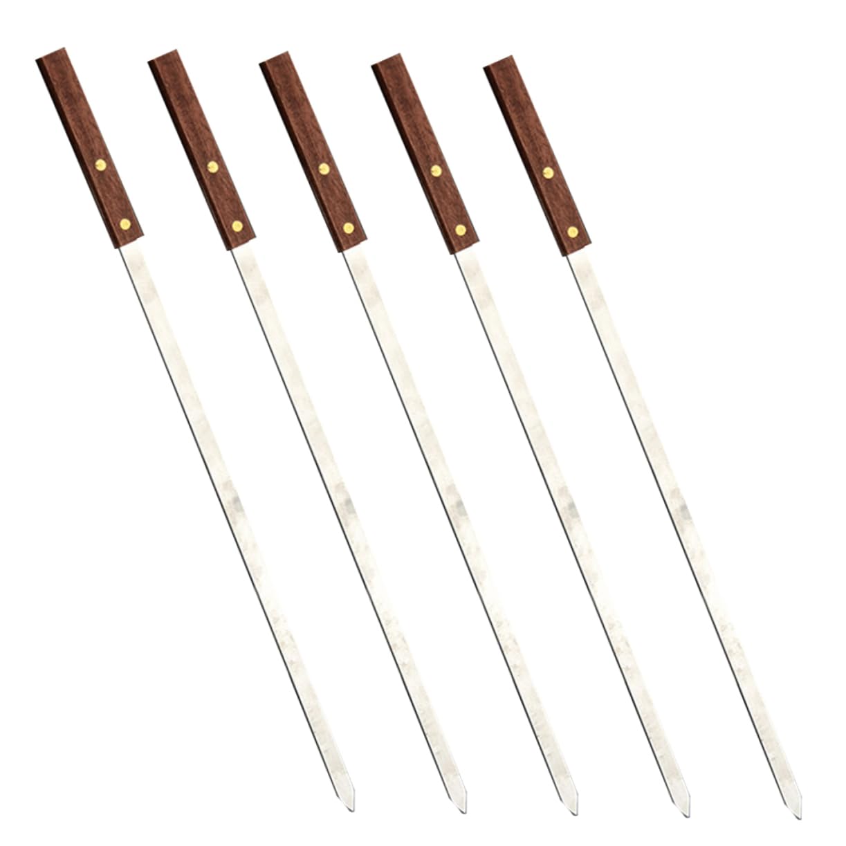 Brochetas de Barbacoa Planas 5 Unidades, Acero Inoxidable | Mango de Madera Marrón, Diseño Largo Reutilizable, para Carne y Uso Exterior