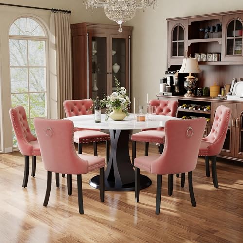 Image of 7-Piece Dining Table Set with 47In Faux Marble Table and 6 Velvet Upholstered Chairs, Modern Scandinavian Furniture for Dining Room Kitchen(Pink)