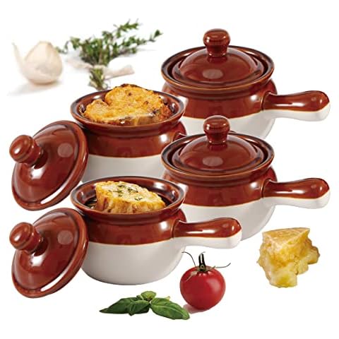 Individual French Onion Soup Crock Chili Bowls with Handles and Lids, Ceramic XL LARGE 20 Ounces 4 Pack (BROWN CREAM) Cover