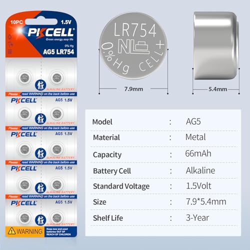 Image of PKCELL 20 Pack LR754 Battery 1.5V AG5 Battery 309 393 SR754W Battery
