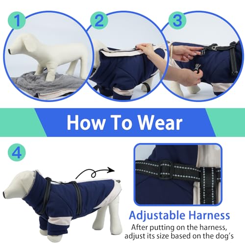 Image of MIGOHI Warm Dog Coat, Waterproof Small Dog Jacket with Harness,XS,NavyBlue | Reflective Fleece Snowsuit for Dogs,Windproof Puppy Coats with Legs for Cold Weather,Adjustable Pet Clothes for Puppies