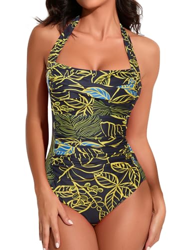 Image of Smismivo Tummy Control Swimwear Halter One Piece Slimming Vintage Retro Swimsuit Womens Ruched Push Up Bathing Suit