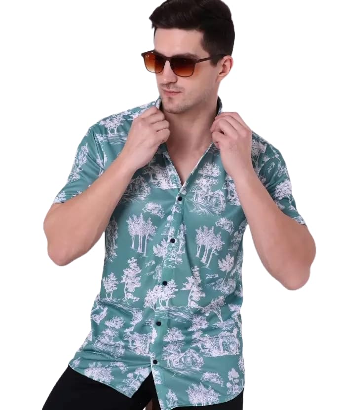 Image of LookMark Men's Trendy Lycra Blend Spread Collar Half Sleeve Printed Shirts - Elevate Your Style with Comfort and Versatility (Pack of 2)