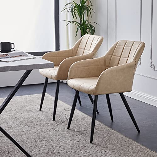 Clipop Mid Century Modern Dining Chairs Set Of 2 Accent Faux Leather Kitchen Chair With Armrest,Upholstered Seat,Metal Legs,Adjustable Foot For Dining Room Desk Lounge Bedroom, Champagne #TOP1